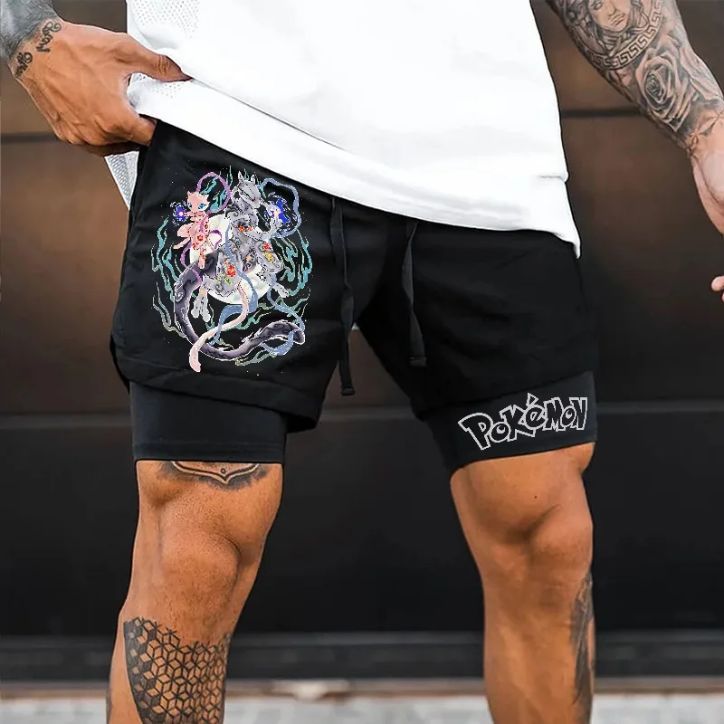 Japanische Anime Pokémon Herren Sommer 2-in-1-Shorts Charizard Graphic Trunks Man Gym Double Deck Shorts Basketball Athletic Shorts