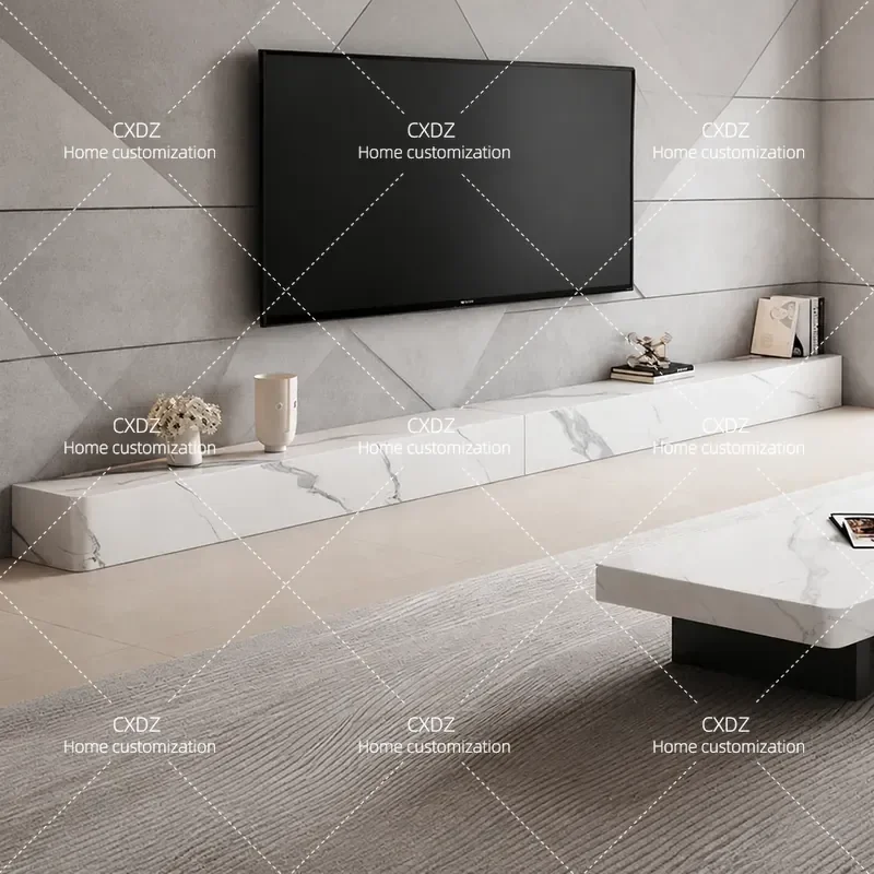 Modern Minimalist Rock Slab TV Cabinet Light Luxury Marble Floor Stand for Living Room Simple Contemporary Media Console
