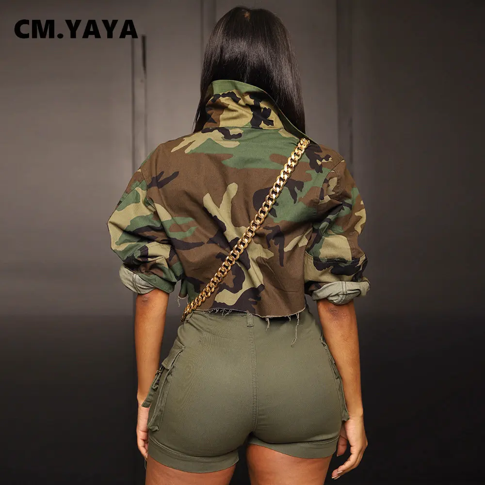 CM.YAYA Streetwear Women Camouflage Long Sleeve Mini Trench Ins Fashion Autumn Winter Jackets