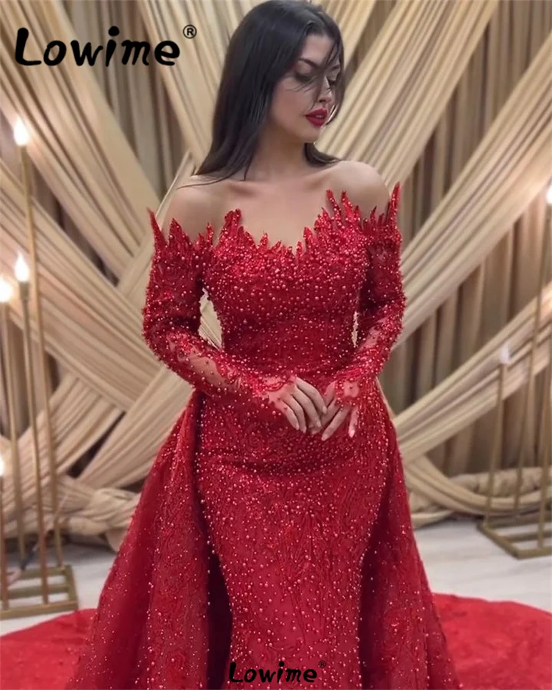 Elegant 2 In 1 Red Wedding Party Dresses Mermaid Long Sleeves Prom Dress Araic Middle East Women Beaded Evening Gowns 2024 Robe