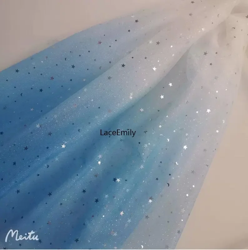 5 colors Glitter star moon Gradient lace fabric dark blue sequin star soft tulle fabric for Bridal Wedding dress 59