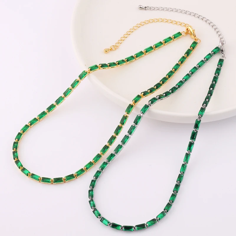 Green Cubic Zirconia Tennis Chokers Necklaces For Women Collier Crystal Luxury Bling Short Clavicle Chain Necklaces Jewelry