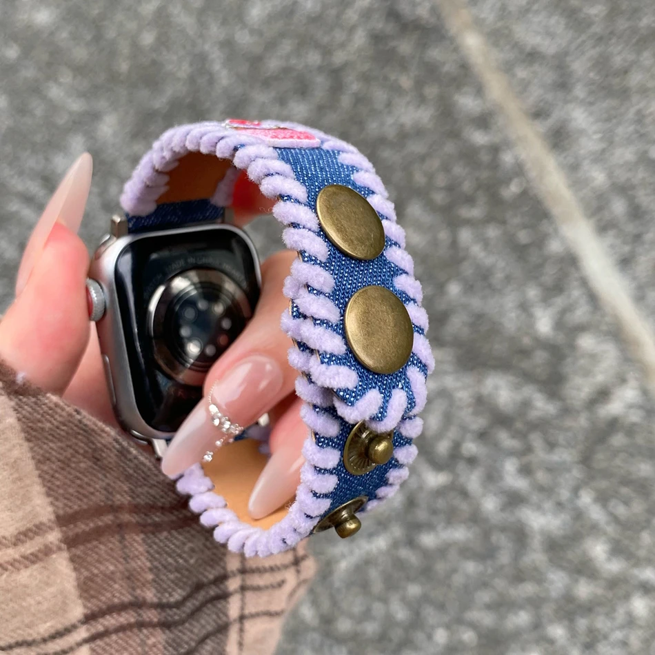 Cute Bear Rabbit Strap For Apple Watch Band 46mm 38 40 41 44 42 45 49mm Embroidery Bracelets iWatch Series 10 9 8 7 6 SE Ultra 2