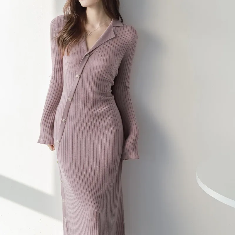 

Lapel Knitted Dress Women Buttons Up Asymmetried Elegant Long Flared Sleeve Autumn Winter French Slim Hip Sweater Maxi Dresses