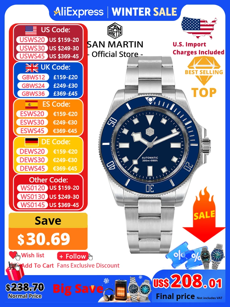 

San Martin 40mm Stainless Steel Classic Men Diver Watch Japan NH35 Automatic Mechanical Sapphire Waterproof 300m SN0111