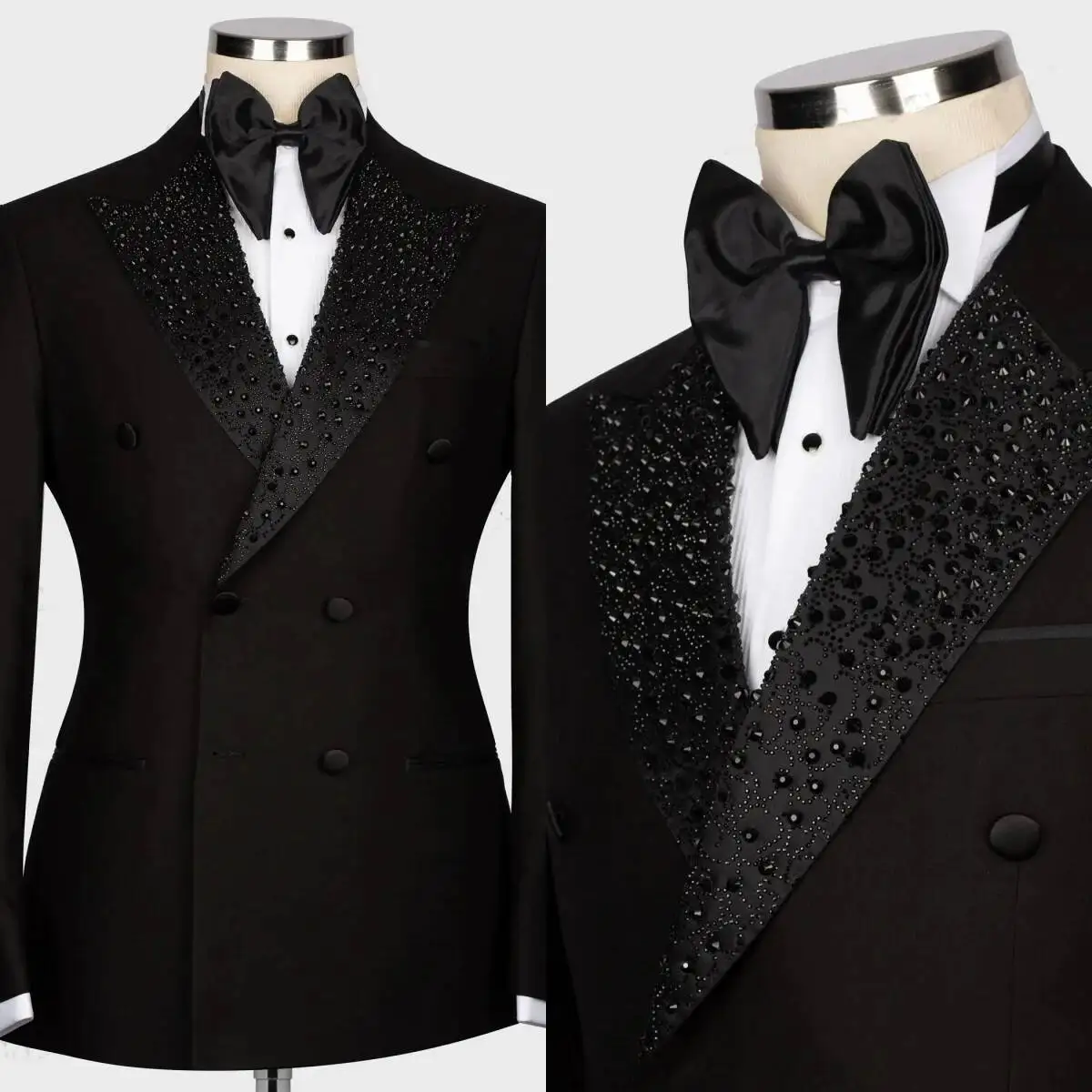 

Modern Men Suits 2 Pieces Set Tailor-Made Peaked Lapel Beaded Double Breasted Blazer Customized or Wedding Groom Business Prom
