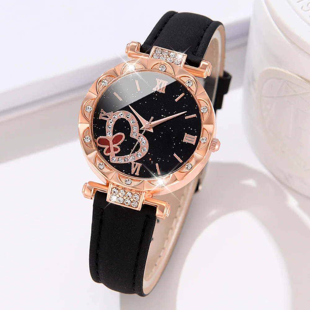 Simple Luxury Love Element Leather Black Strap Watch Casual Fashion Quartz Watch Is The Perfect Gift For Her (No Box)