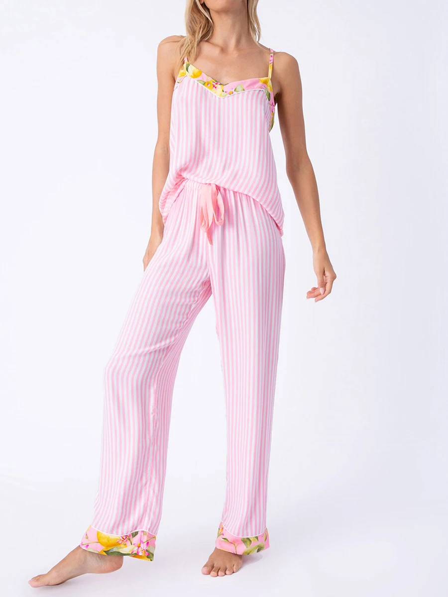 Women Pajamas Set 2 Pieces Loungewear Suits Stripe Lemon Print Camisoles Tank Tops Elastic Waist Long Pants Sleepwear Outfits