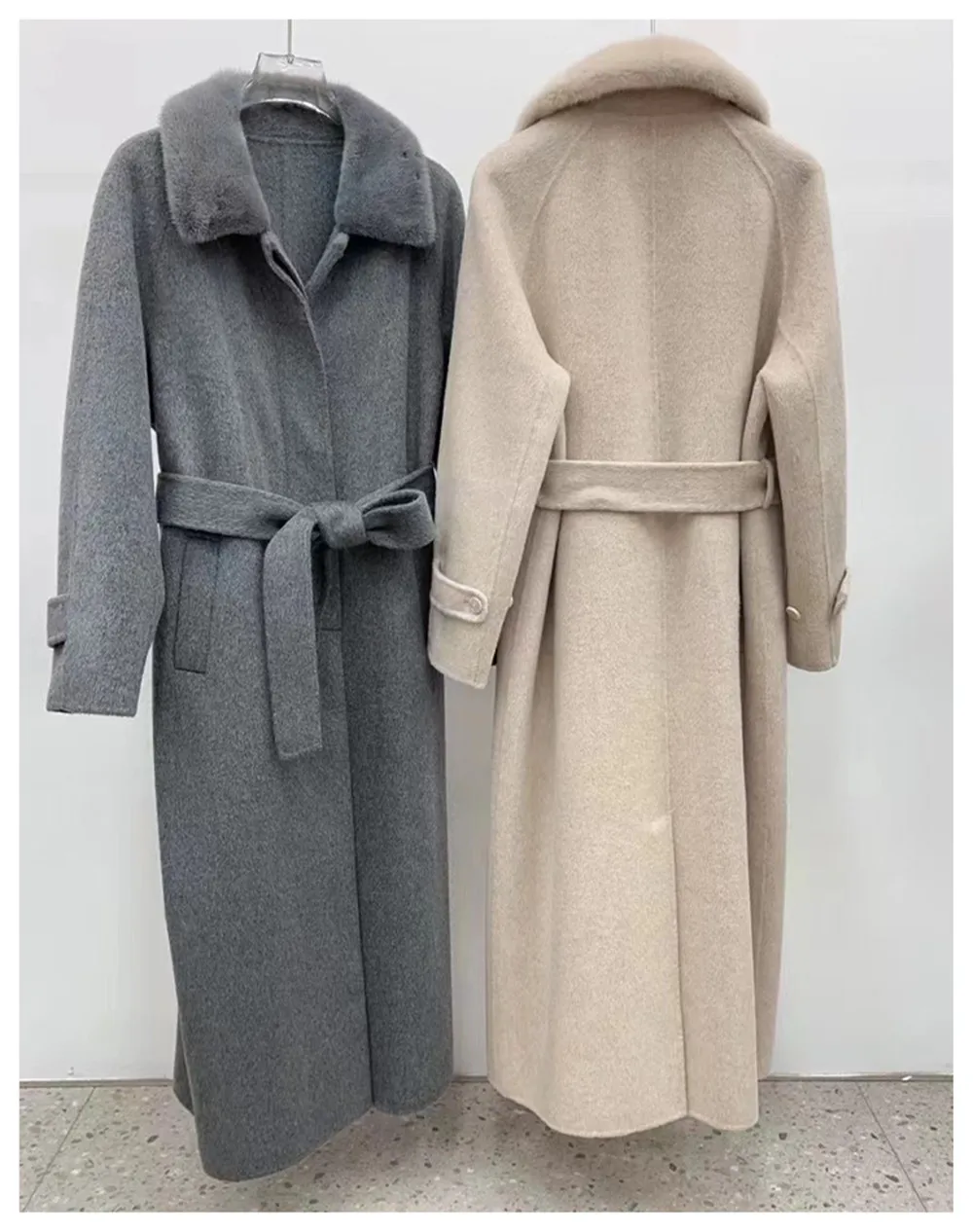 Mink Fur Collar Cashmere Coat for Women, Outerwear with Belted, Single Breasted, Temperament Slim Woolen Coat, Winter Clothes