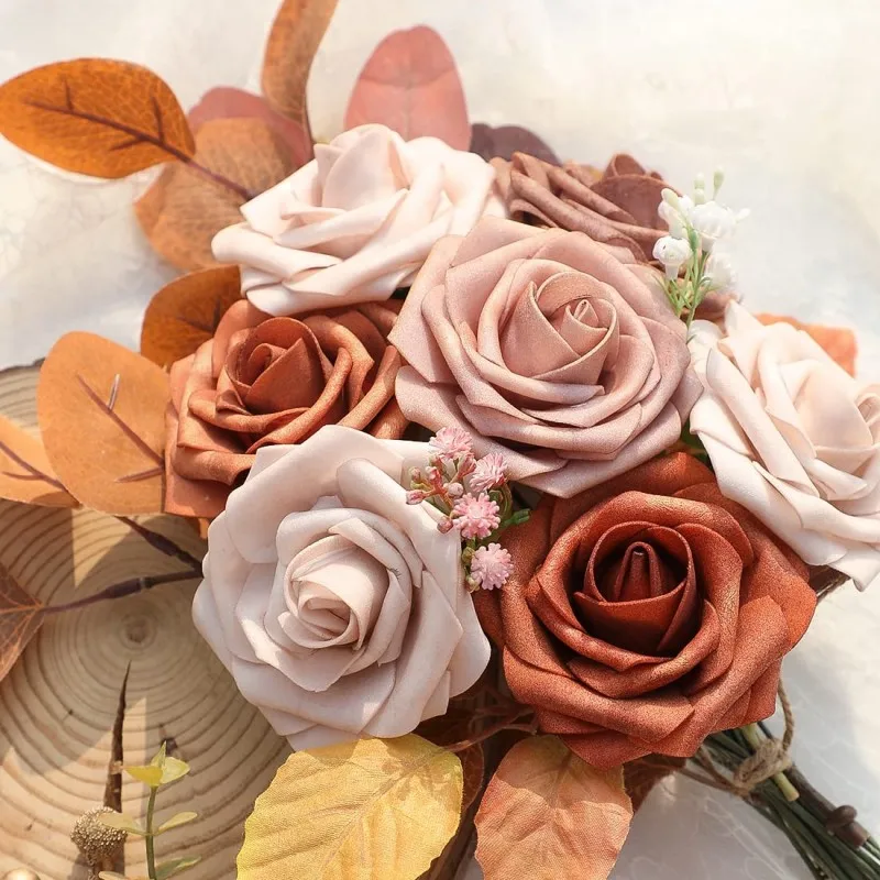 Artificial Flowers 25pcs Real Looking Terracotta Ombre Colors Foam Fake Roses with Stems for DIY Wedding Bouquets Bridal Shower