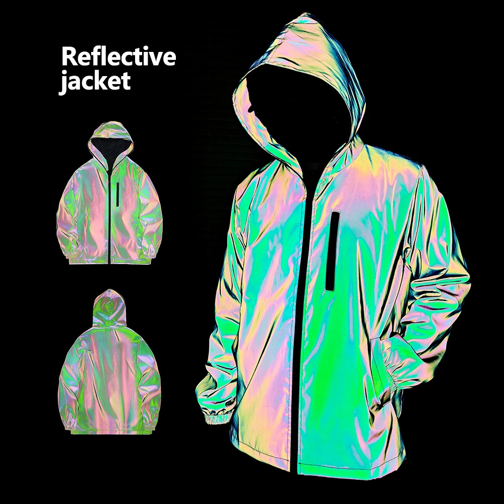 

Night Colored Reflective Jacket Men Outdoor Cycling Jogging Windproof Hooded Coats Hip-hop Rock Streetwear Safety Couple Clothes