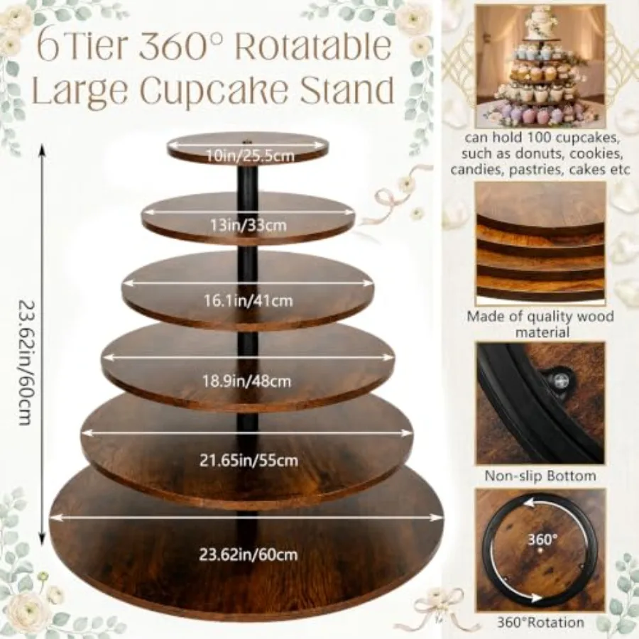 Wedding cupcake stand for event decoration, natural wood material, light brown color, 6-tier rotatable design with 360 spin and