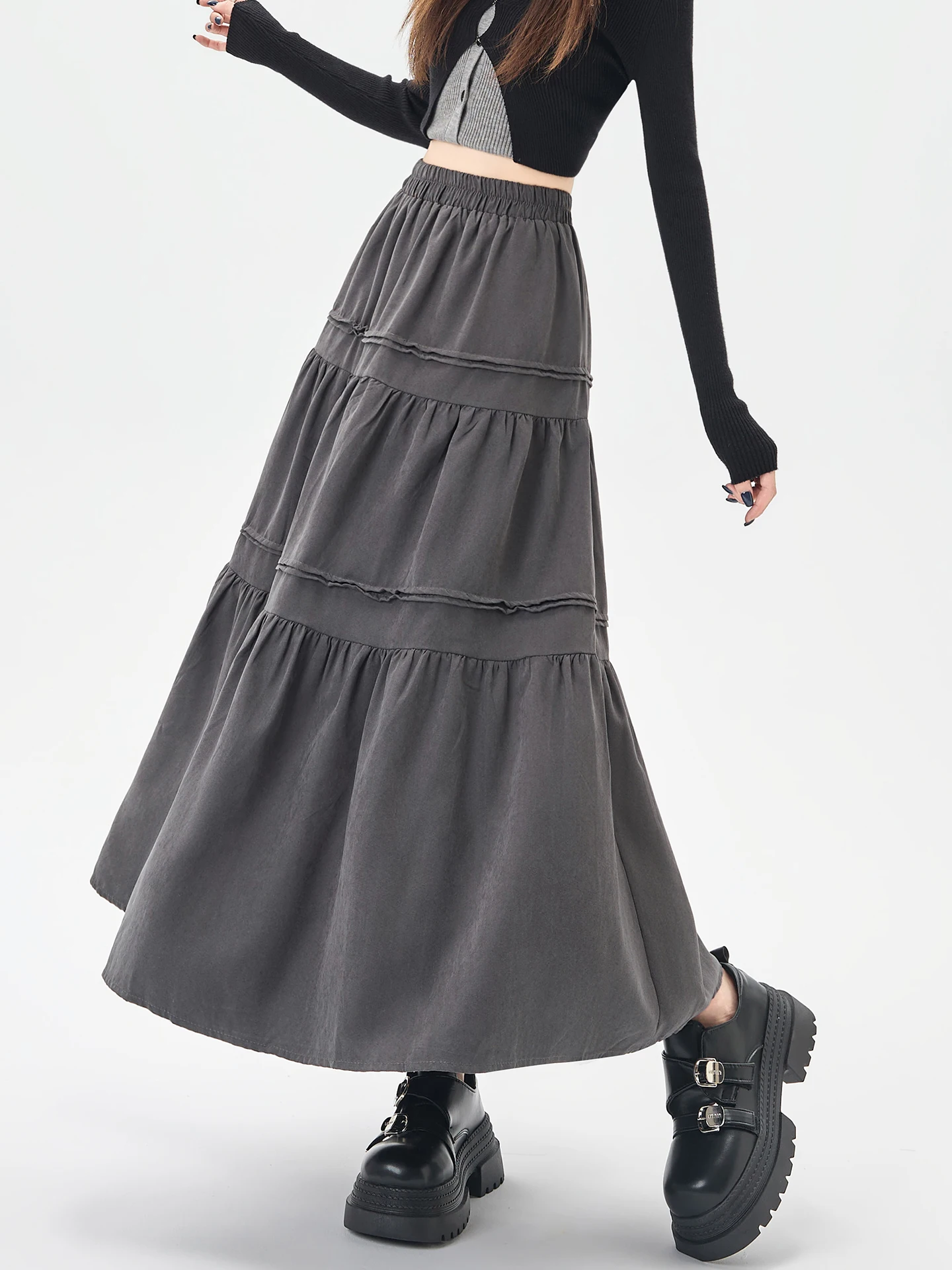 

High Waist A-Line Cake Skirt Women's Spring 2026 Pleated Splice Design Slimming f-length Umbrella Skirt Korean Sle
