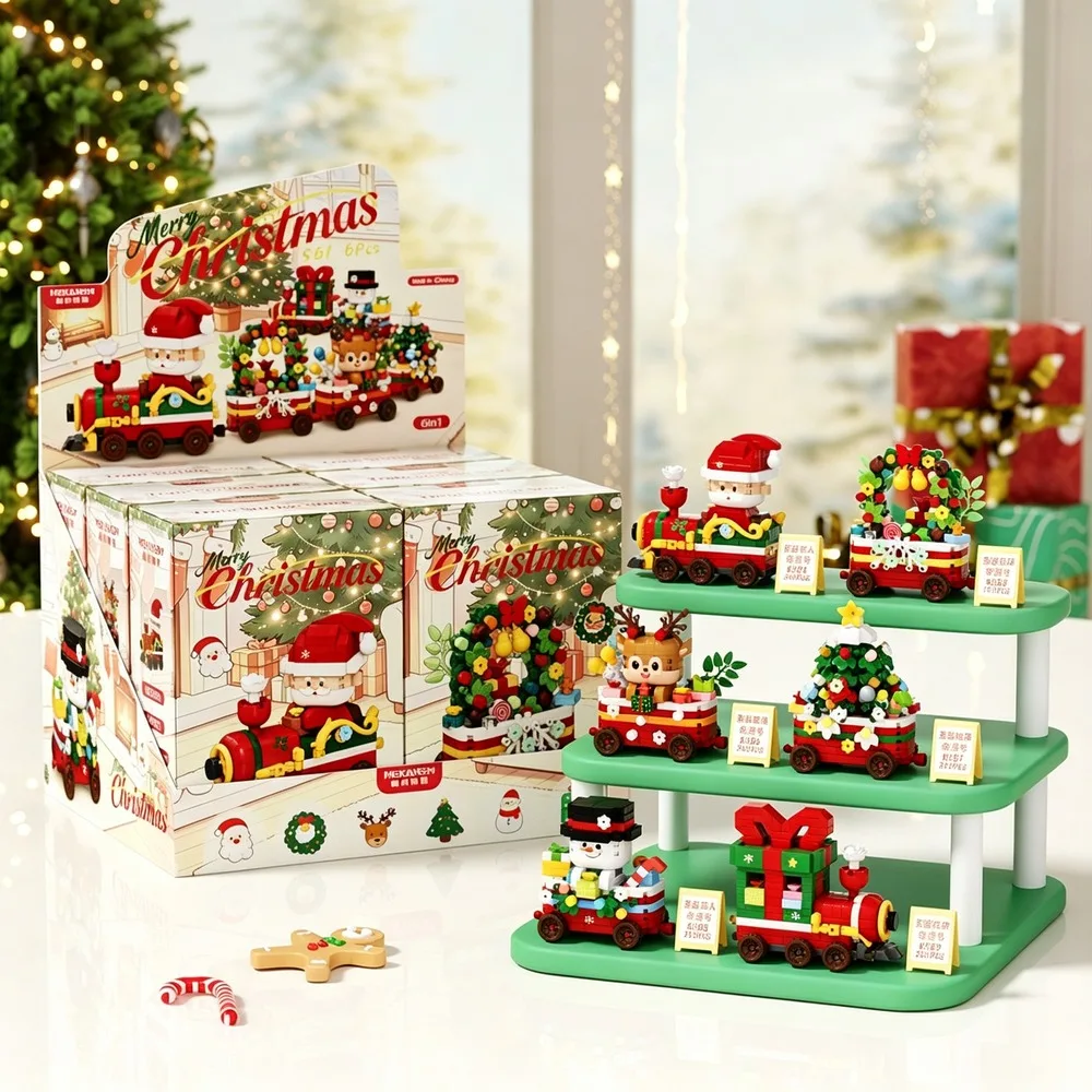 Christmas Train Building Blocks Santa Reindeer Snowman Tree Model Micro Bricks Assembly Desktop Ornament Holiday Collection Gift