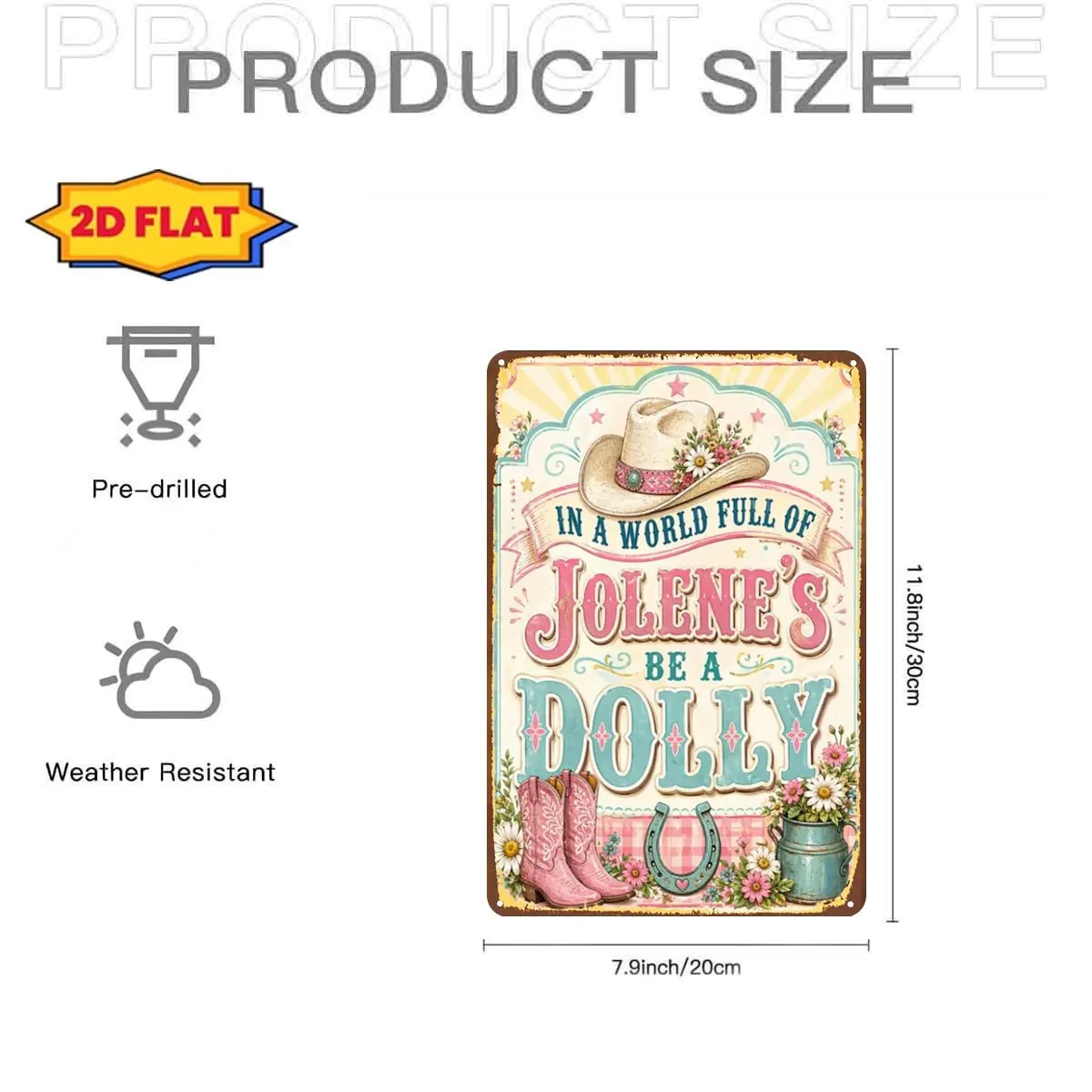 2D Flat,In a World Full of Jolene's, Be a Dolly Metal Iron Sign, Pre-Drilled Holes, Garden,Outdoor, Home, Office, Toilet Decor