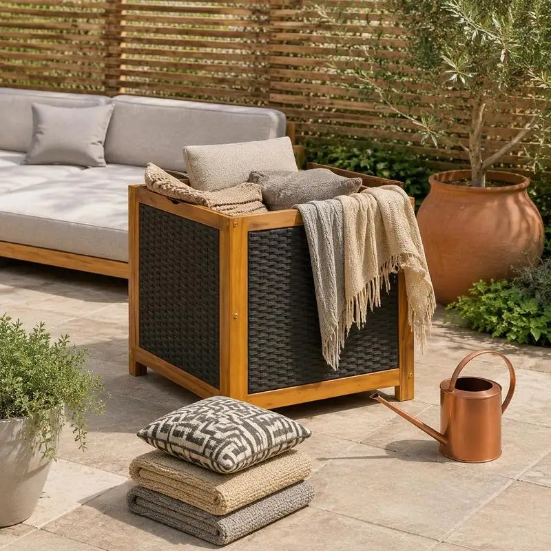 Boîte de rangement de jardin 185 L en bois d'acacia massif noir, idéale pour cour, allée, abri de jardin et coin mural extérieur, pour ranger les coussins d'extérieur, les accessoires de parasol