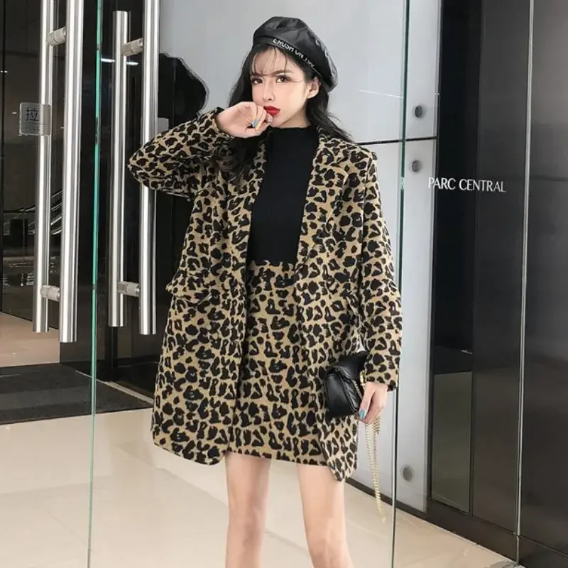 

Casual Leopard Blazers Ladies Loose 2piece Sets Women Blazer + High Waist Slim Skirt Suit Winter New England Style Matching Sets