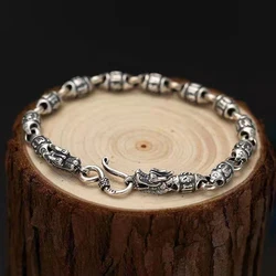 Lucky Six-Character Mantra Beaded Head Dragon Silver Bracelet for Men Retro Style Fashion Jewelry Accessories Gifts