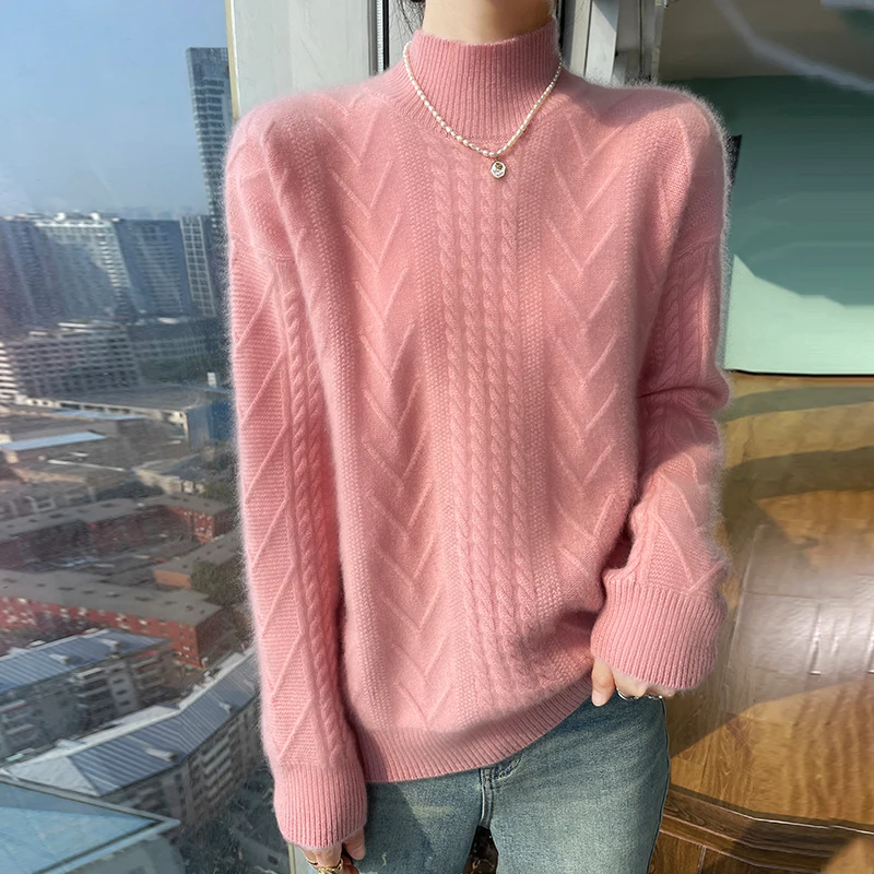 

Thickened Autumn And Winter Sweater Women's Semi-High Neck Long Sleeve Loose Twisted Solid Color Pullover Bottoming Sweater