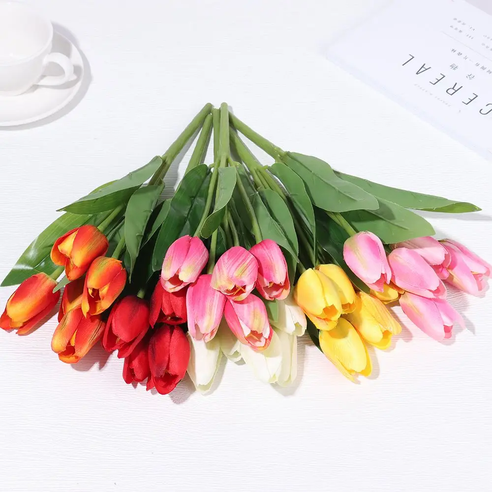 Multicolor Home Decoration Desktop Ornament Floral Arrangement Simulation Plant 5 Heads Buds Artificial Tulip Real Touh Leaf