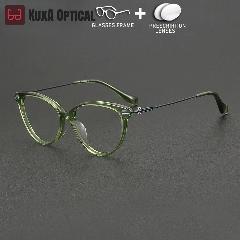 

KUXA Fashion Cat Eye Prescription Glasses Women Acetate Titanium Optical Myopia Progressive Eye Vision Anti UV Lenses Eyewear