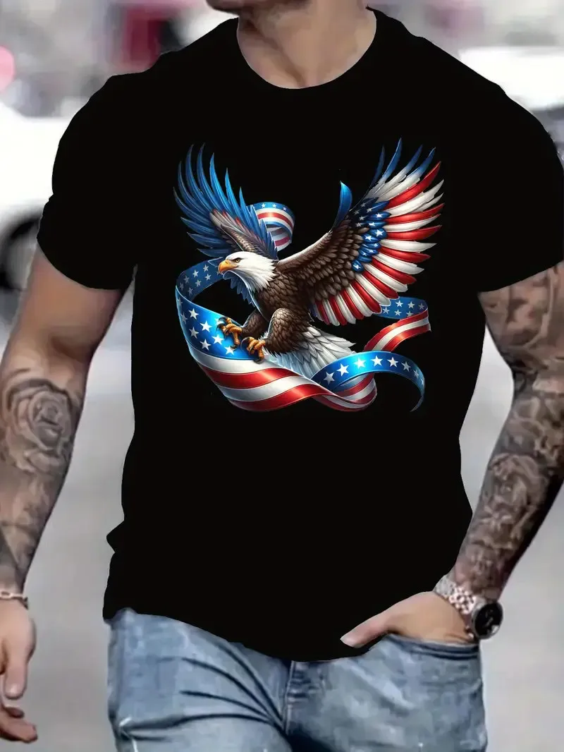 

Men's Patriotic Bald Eagle Graphic T-Shirt - American Flag Design, Black Cotton