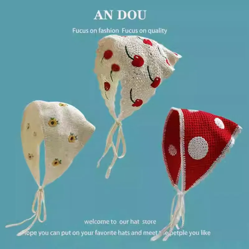 Korean Ins Dopamine Pastoral Knitted Triangular Hair Scarf for Women Sweet and Cute Little Cherry Pullover Headscarf Hats