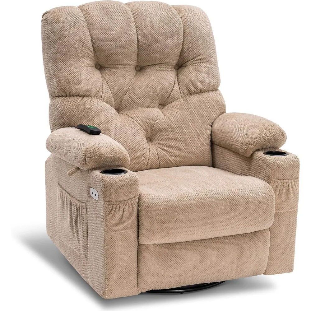 Beige massage chair Electric Power Swivel Glider Rocker Recliner Chair with Cup Holders,Hand Remote Control,2 Side Front Pockets