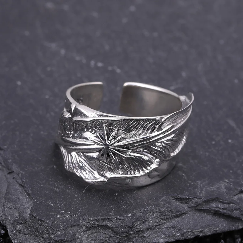 

Feather ring men's opening 925 sterling silver japanese and korean retrostylishhip hopmen thai silver ring for women