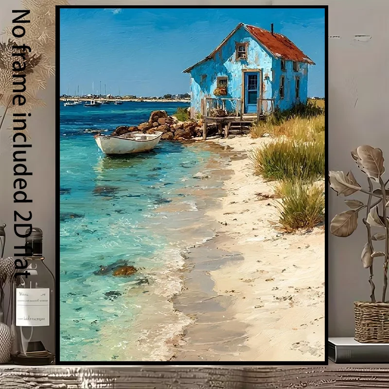 2D Flat, 2D Flat, 1pc of Decorative Canvas Painting Featuring a Seaside Blue House: a Tranquil Coastal Scene with Clear Blue