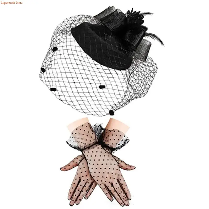 Q5WE Pack of 2 Women Cocktail Party Yarn Hat with Mesh Gloves Suit Wedding Dress Fedoras Flower Hat Mesh Headpiece