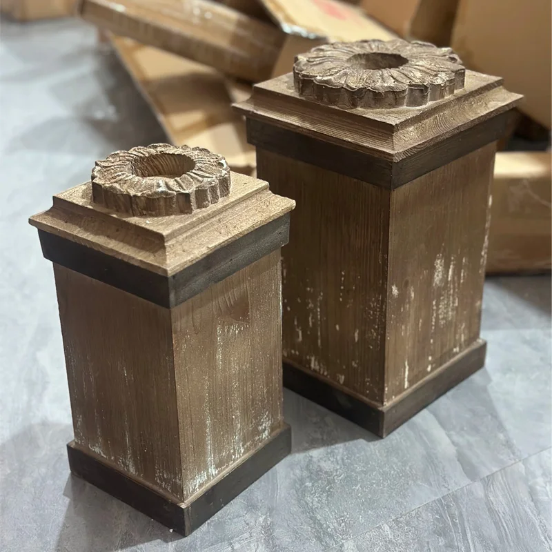 

Rustic Wooden Candle Holders with Carved Flower Top, French Vintage Distressed Finish, Decorative Pillar Candlestick Stands