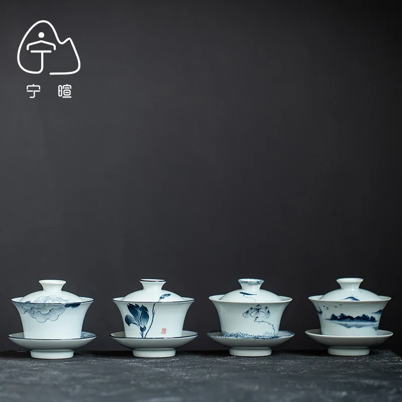 Hand-painted Blue and White Landscape Gaiwan Kung Fu Tea Set Ceramic Tea Bowl Large Ancient Green Glaze Handheld Bowl