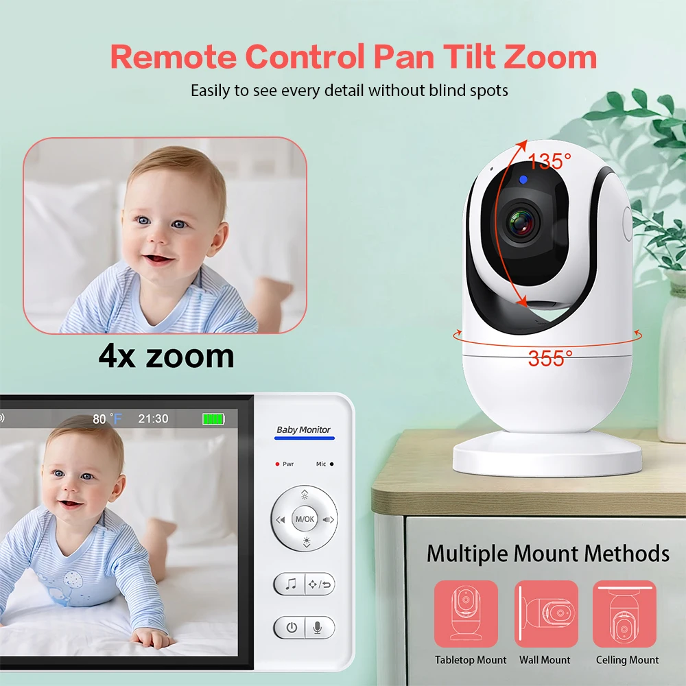 Video Baby Monitor 7'' 1080P HD Großes Display 4X Zoom TF Karte Slot Fütterung Timer 2 weg Audio Sicherheit Kamera Babysitter ABM780