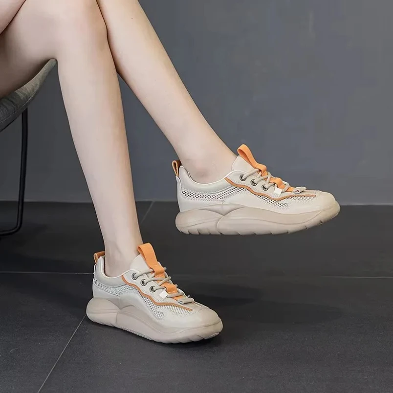 

2025 летняя новая повседневная женская обувь на толстой подошве, кроссовки из натуральной кожи с дышащей сеткой, удобная обувь