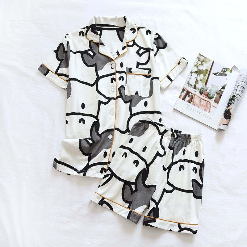 Summer Women\'s Cartoon Couple Pajama Set Knitted Cotton Cow Pattern Cute Nightgown Lapel Texture 2023 New Design Night-clothes