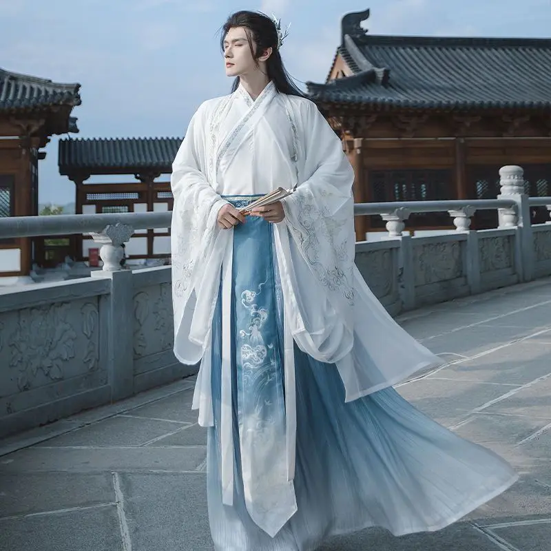 Chinese Hanfu Men Embroidered White Blue Gradient Vintage Hanfu Suits Male Halloween Carnival Cosplay Costume Hanfu Plus Size