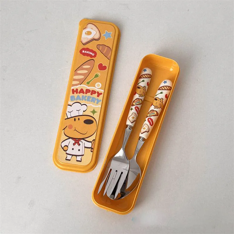 Anpanman Set di stoviglie in acciaio inossidabile Cartoon Kawaii Forks cucchiai Cute Student Portable stoviglie Storage Box regalo per bambini