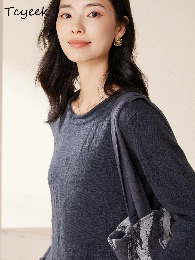 Tcyeek, pulls élégants en cachemire pur 100%, col rond à manches longues pour femmes, pull en tricot à bas à la mode, automne hiver 2024 T478104QM