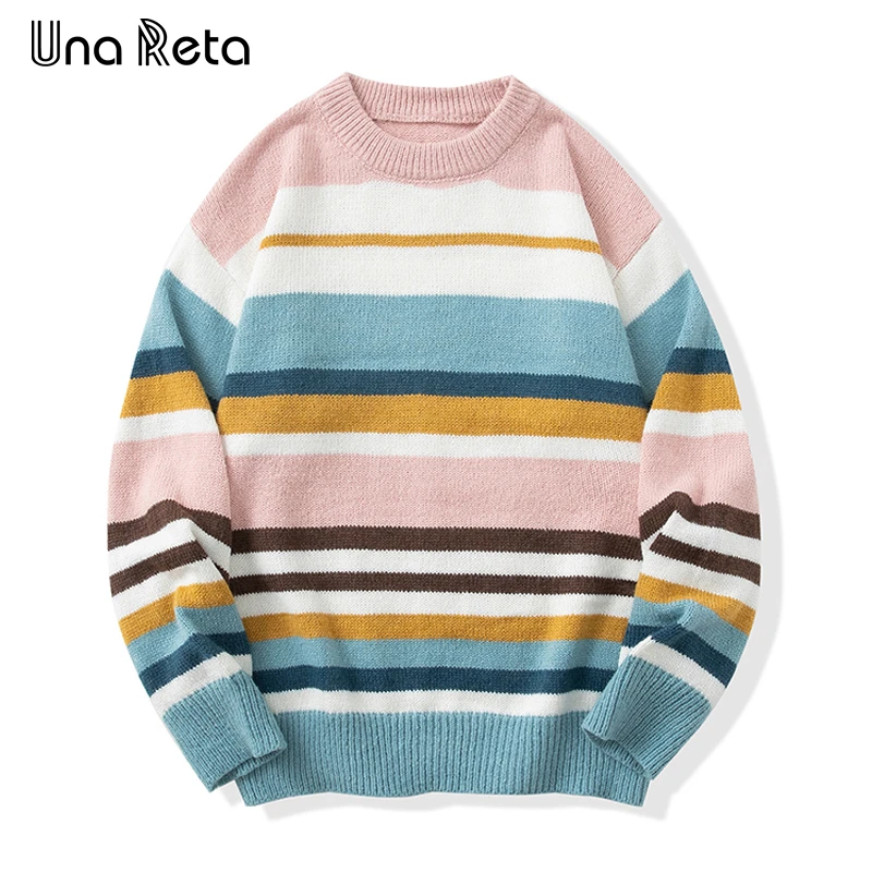 

Una Reta Autumn Winter Men's Sweater Streetwear Chromatic Stripe Knitted Pullover Casual Tops Long Sleeve O Neck Couple Sweaters