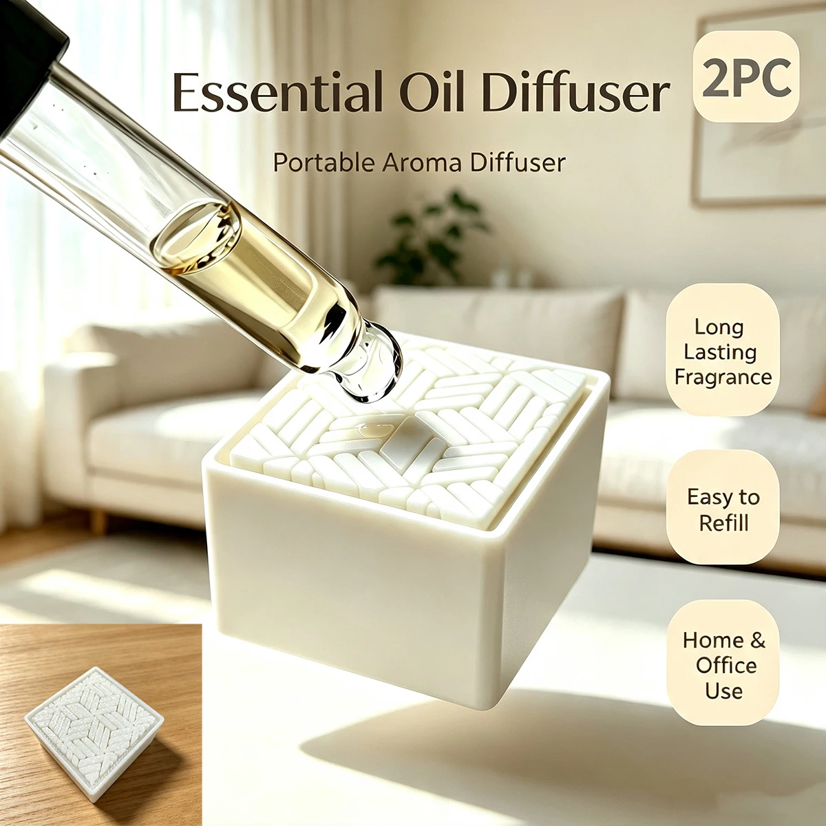 Square Aroma Diffuser Stone Set of 2, Flameless Essential Oil Diffuser, Portable Fragrance Diffusing Stone for Home and Office