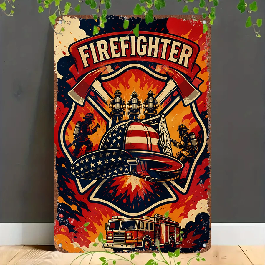 2D flat retro metal tin plate, Vintage US Firefighter Tribute Tin Sign, Suitable for home, garage, café, bar and garden decoration