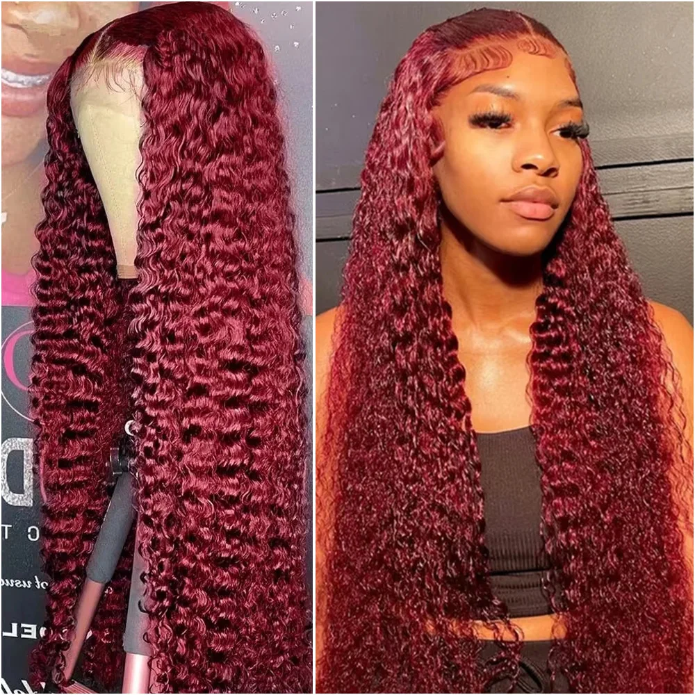 

40-дюймовые бордовые 13x6 Hd кружевные фронтальные человеческие волосы глубокие волнистые вьющиеся парики для женщин цветные 99J красный 13x4 парик фронта шнурка 200% плотность