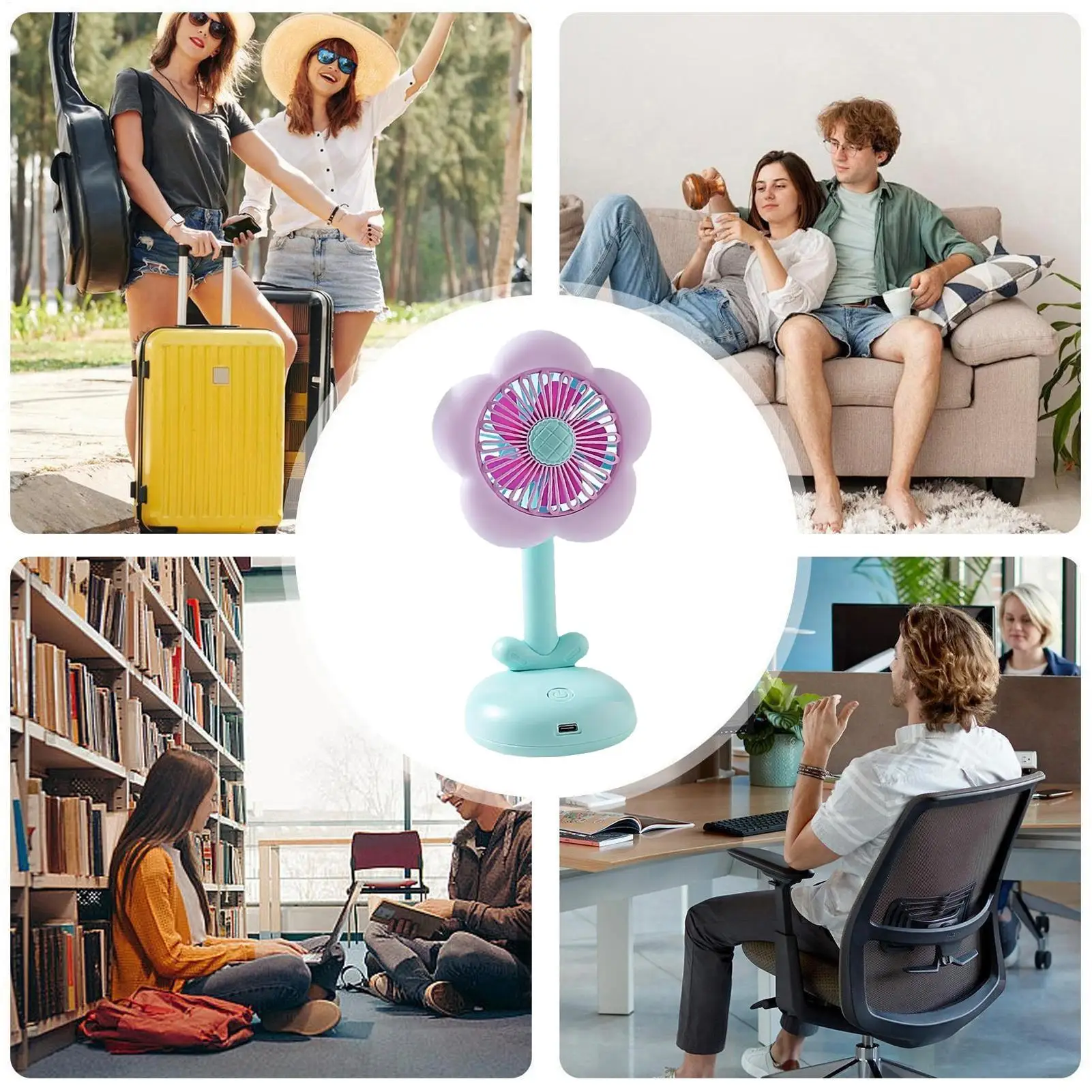 Ventilateur de bureau silencieux, petit ventilateur silencieux à fleurs, refroidissement personnel, circulation d'air USB à 2 vitesses avec veilleuse pour anniversaire, chambre à coucher, salon