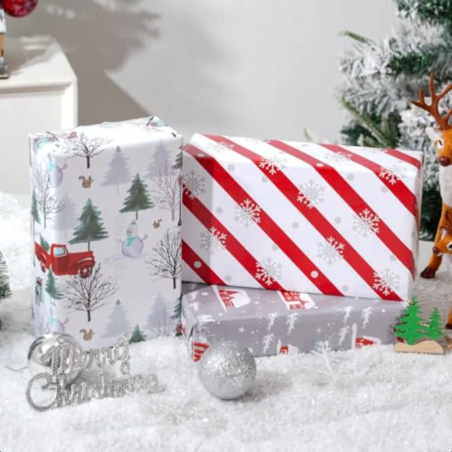 الأبيض عيد الميلاد ورق التغليف حزمة للبالغين الرنة المشارب الغابات ندفة الثلج الأحمر شاحنة الشتاء المشهد تصاميم 28x40 بوصة #5