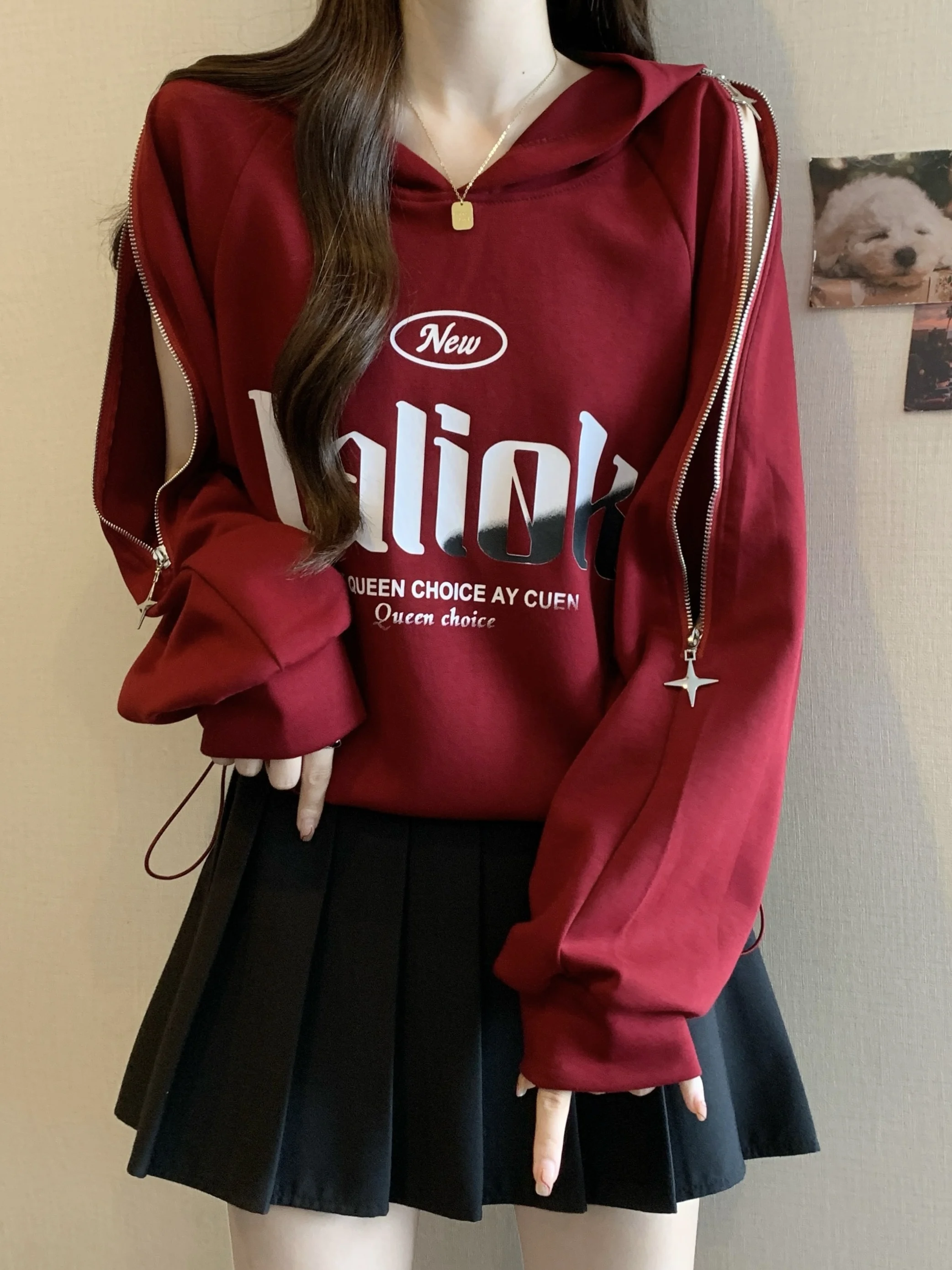 

Red Hooded Zipper Hollow Sve Sweatirt Women's plus Size Loose Dstring ort Ele Top Korean Sle Breathable Polye...