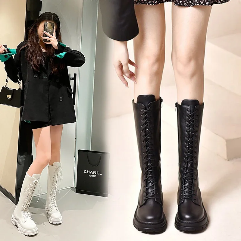 Kwaliteit Vrouwen Hoge Laarzen 2023 Mode Zip Dame Mid Hakken Casual Platform Schoenen Herfst Winter Knie Laarzen Koreaanse Stijl Damesschoen