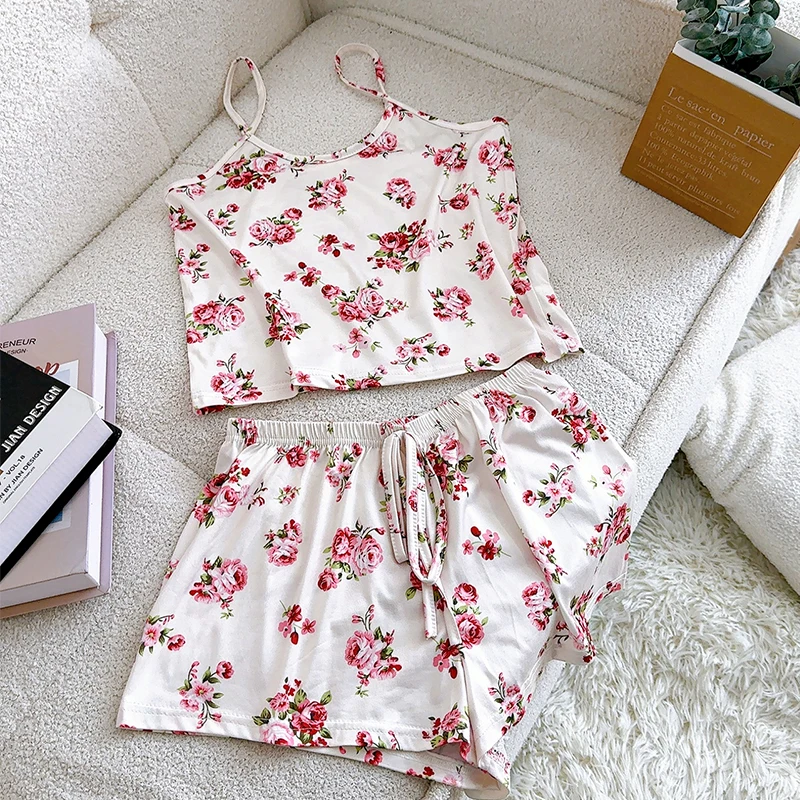 FINETOO 2Pcs Satin Pajama Set for Women Sleepwear Sexy Strap Vest Top Shorts Nightwear Pijamas Sexy Sleep Shorts Set Sleepwear