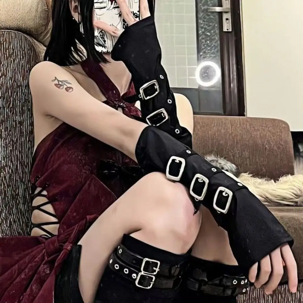 Black Fingerless Gloves Buckle Design Exaggerated Metal Button Gloves Hip Hop Party Gothic Punk Style Elbow Gloves