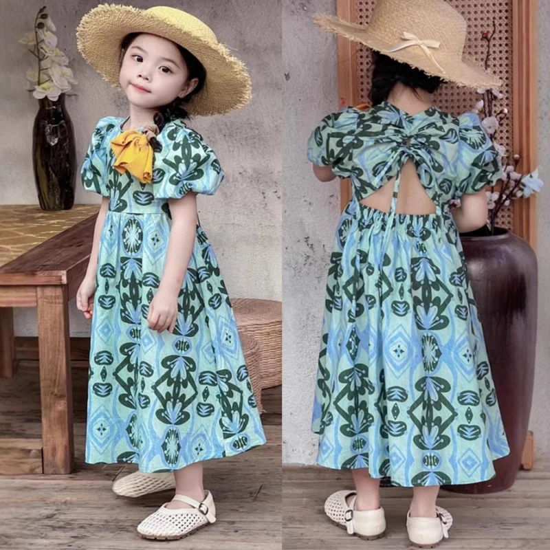 

French-style vintage floral summer dress for girls2026New children's dress, big kids' puff sleeve princess dress